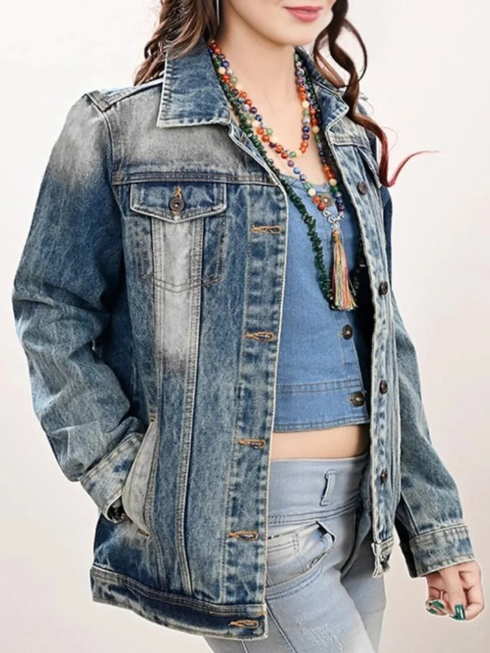 Western Denim Jacket with Tooled Sunflower Yoke & Turquoise Feather Fringe large - Picture 3 of 5